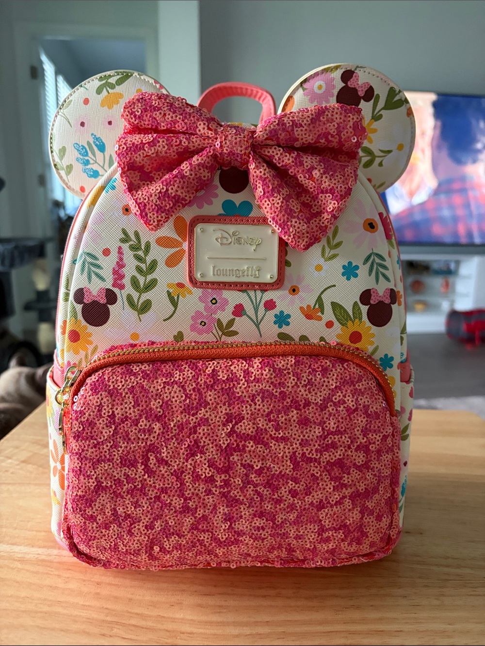 Loungefly Floral Minnie Mouse Sequin Bow Mini Backpack in Pink